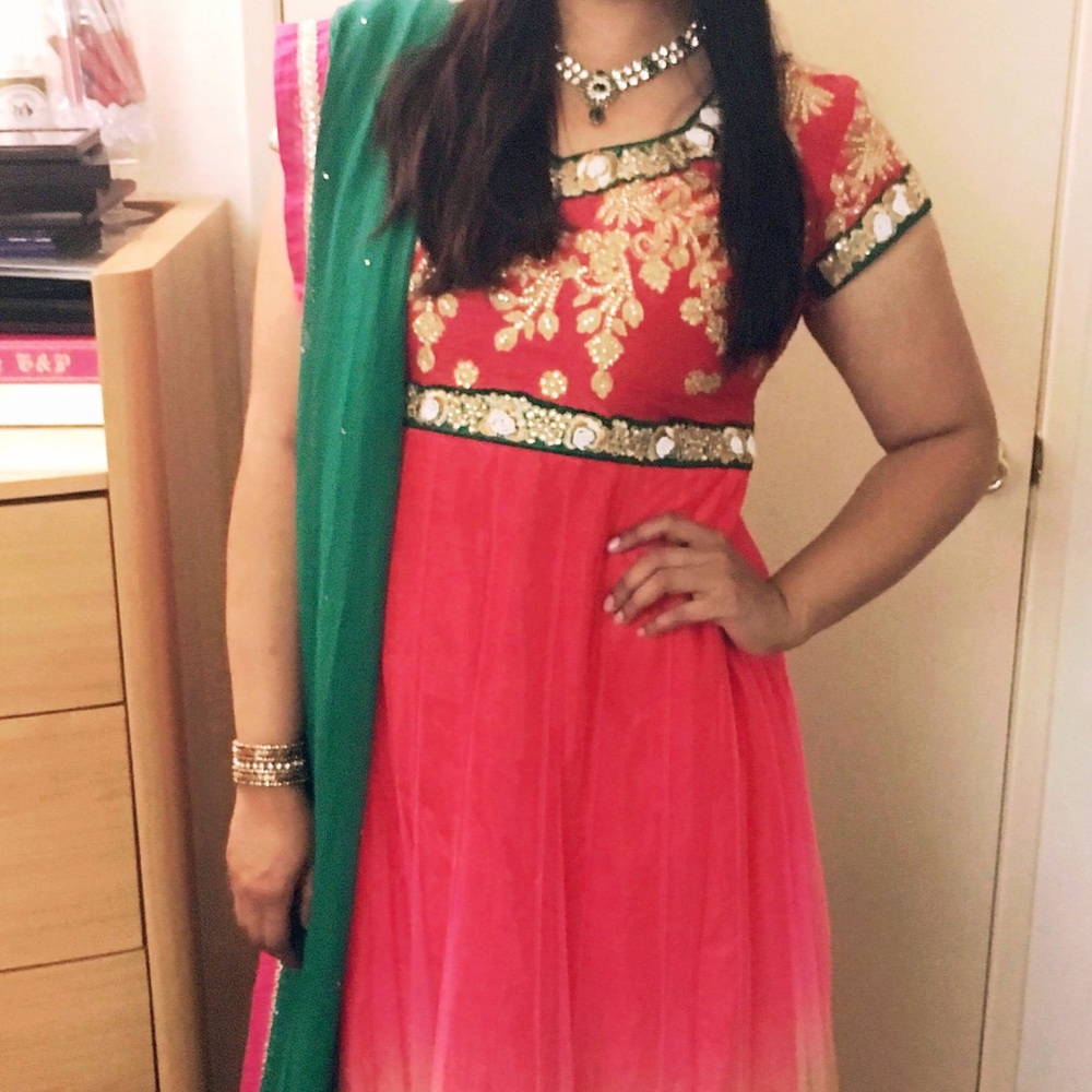 Salwar Kameez Pink and Green Embroidered Anarkali by Salwar Kameez - Picture 2 of 3